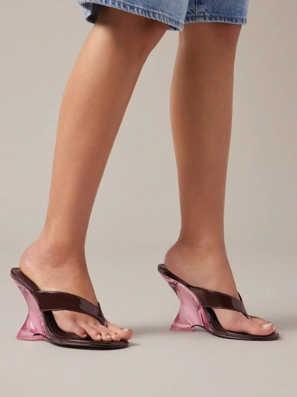 Brown Women's Fashionable Casual Sandals With Pink Acrylic Wedge